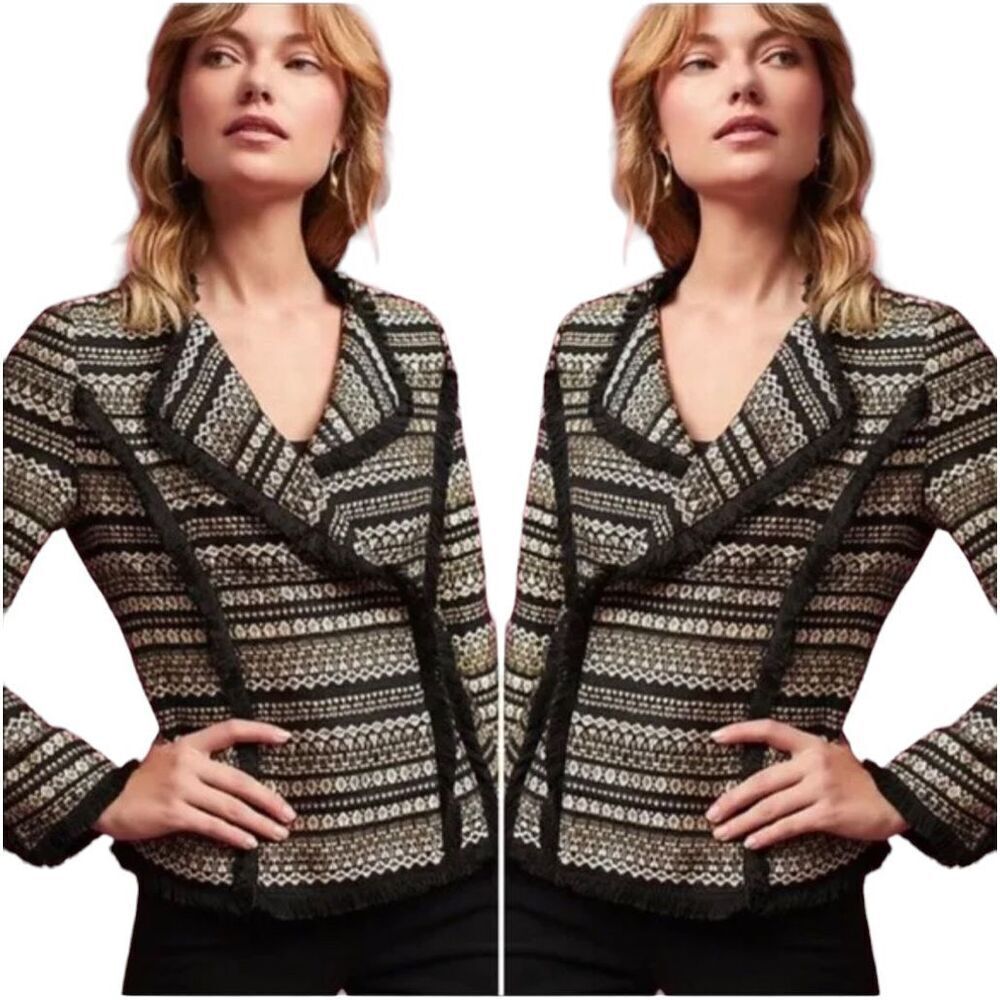 NWT Anthropologie Moon River Braelyn Tweed Fringe Blazer Black/ Gold Size S